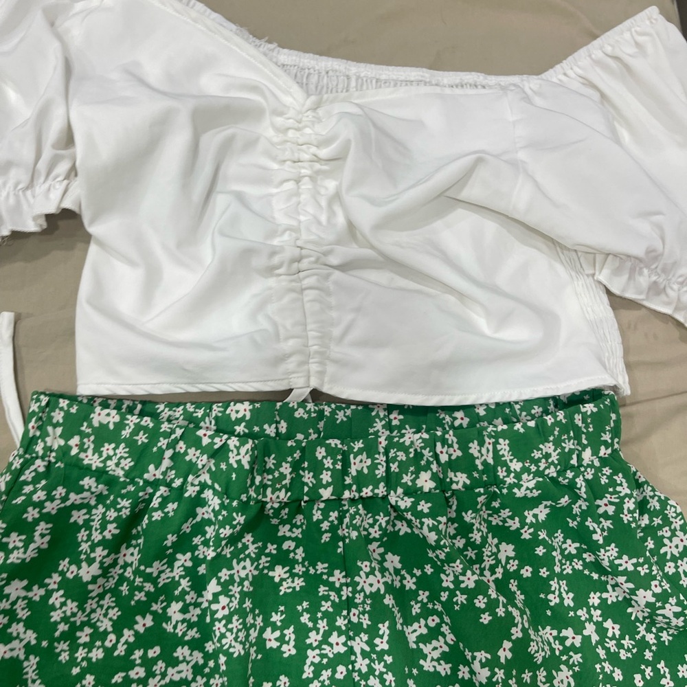 White Off-Shoulder Top and Green Floral Shorts
